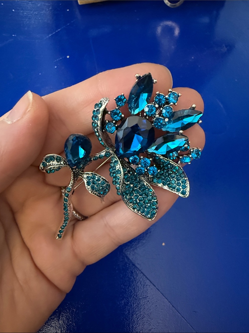 Teal Blue Crystal Floral Brooch/pendant - Women's Statement Jewelry